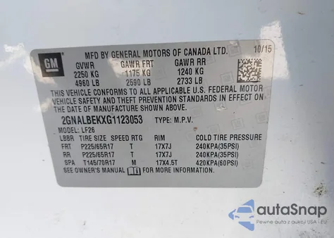 2016 Chevrolet Equinox Ls из США, поврежденный, VIN 2GNALBEKXG1123053